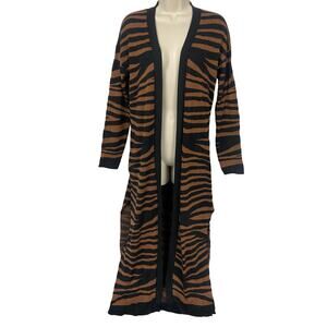 Marie Oliver Cardigan Sweater Women Medium Black Brown Animal Print Pockets Long